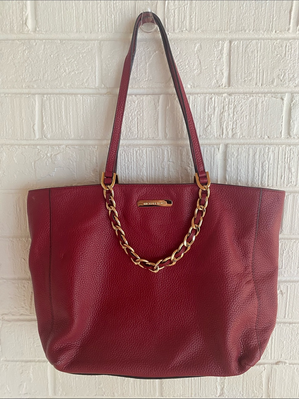 Michael Kors Red Pebble Leather Tote with Gold Chain